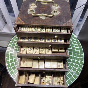 Antique 1920s Chinese Bone & Bamboo Mahjong Set Wood Case Brass Hardware